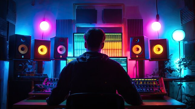 Sound engineer working at mixing desk in recording studio with colorful lights