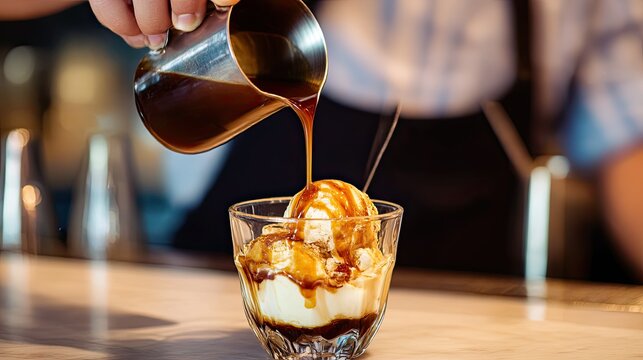 Bartender pouring espresso over vanilla ice cream and caramel syrup to make affogato coffee - Powered by Adobe