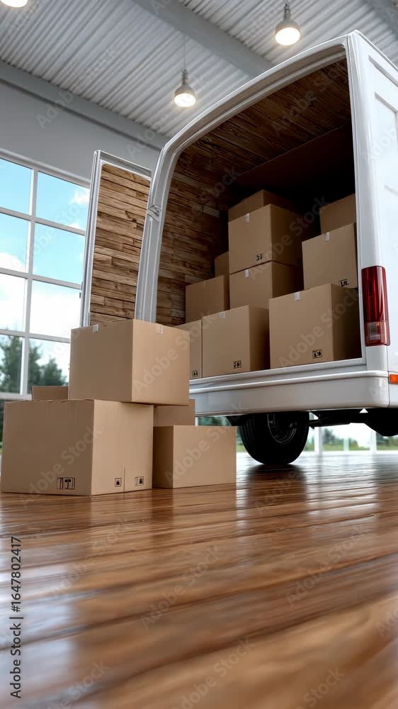 Poster cargo delivery process in a spacious warehouse with stacked boxes and a moving van unloading items