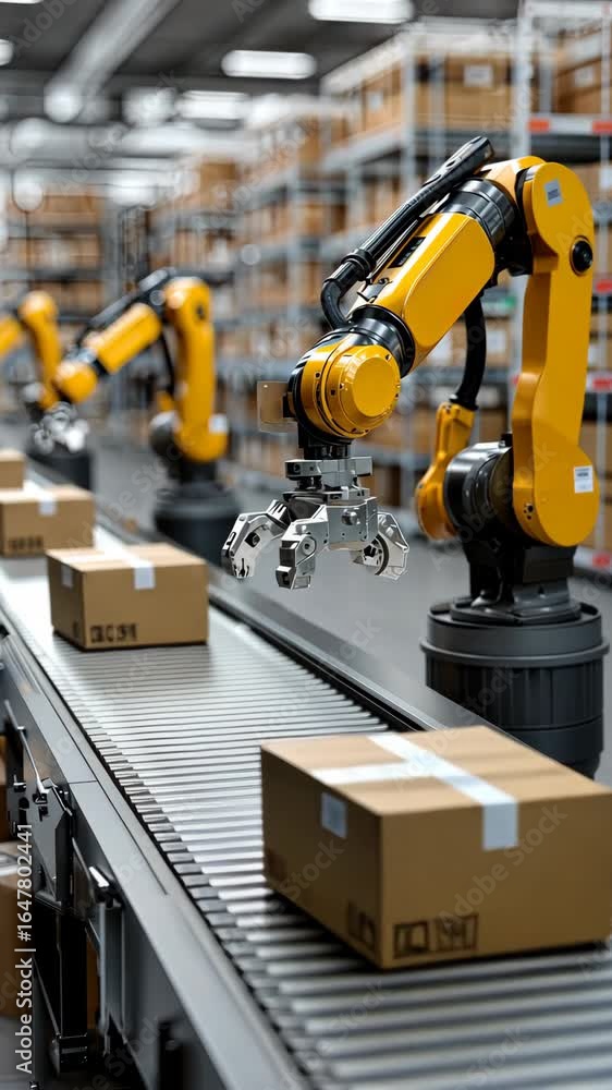 Poster robotic arms working efficiently in a modern warehouse for packaging and sorting tasks