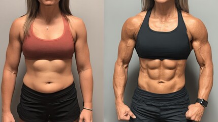Woman showing fitness transformation taking a selfie before and after workout