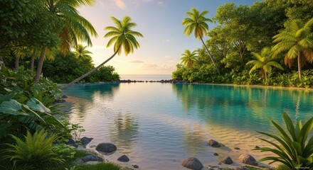 Fototapeta premium Peaceful tropical lagoon surrounded by lush palm trees and white sandy beach with clear turquoise water.