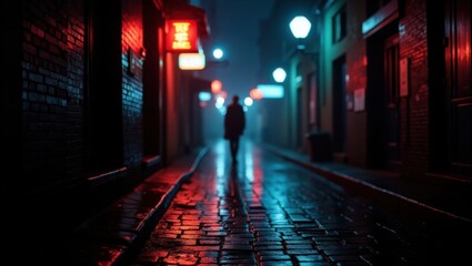 A solitary figure walks down a wet cobblestone alleyway illuminated by neon lights