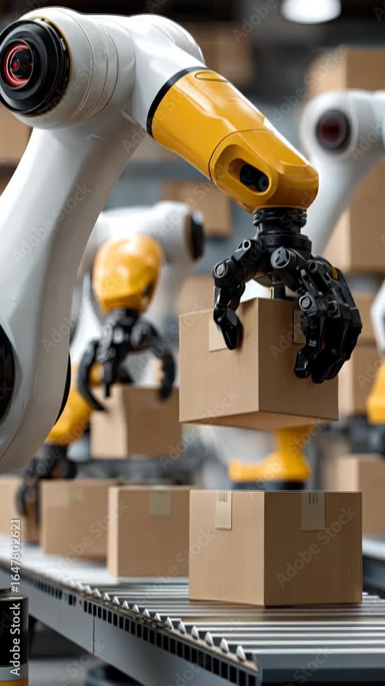 Poster industrial robots efficiently handle boxes in a modern warehouse during peak operational hours