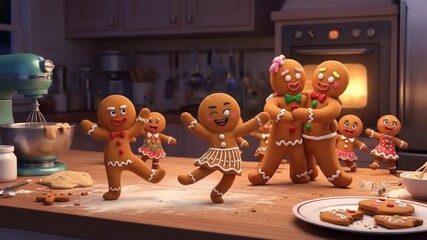 Whimsical animated gingerbread family dancing joyfully in a warm kitchen during festive season, oven glowing, evoking a sense of holiday cheer and family togetherness - Powered by Adobe