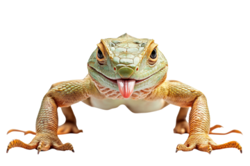 Close-up of a vibrant lizard with an expressive face and outstretched limbs.
