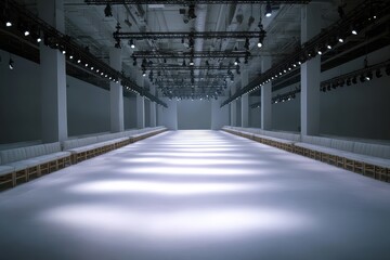 Obraz premium Empty Fashion Runway with Lights and Seating, Ready for Show