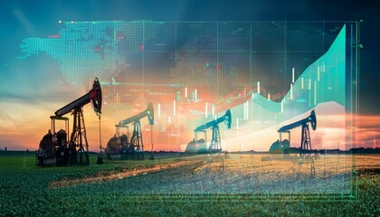 rise in gasoline prices concept with double exposure of digital screen with financial chart graphs and oil pumps on a field no logos no brands