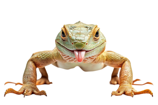 Close-up of a vibrant lizard with an expressive face and outstretched limbs.