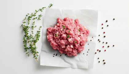 Top View Of Minced Meat On Parchment Paper With Seasoning And Fresh Thyme On Gray Background. A Culinary Delight.