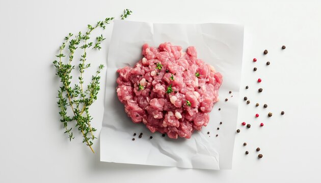 Top View Of Minced Meat On Parchment Paper With Seasoning And Fresh Thyme On Gray Background. A Culinary Delight.