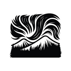 Black and white mountain landscape with abstract sky and forest silhouettes