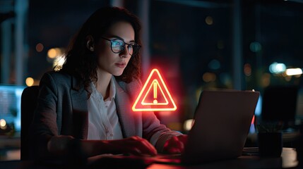 Businesswoman working late at night encounters computer warning in office