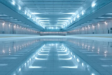 Fototapeta premium Empty Ice Hockey Rink with Reflective Surface and Bright Overhead Lighting System.