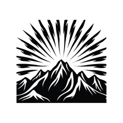 Majestic mountain range silhouette with sun rays bursting from the peak design