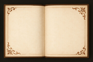 An open vintage-style book with two blank cream-colored pages, featuring elegant brown ornamental corner designs and subtle aged texture.