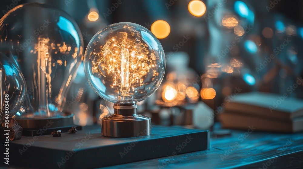 Poster glowing vintage light bulb with decorative filament placed on reflective table in moody setting