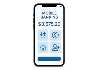 Mobile banking app displaying balance and transaction options on transparent background