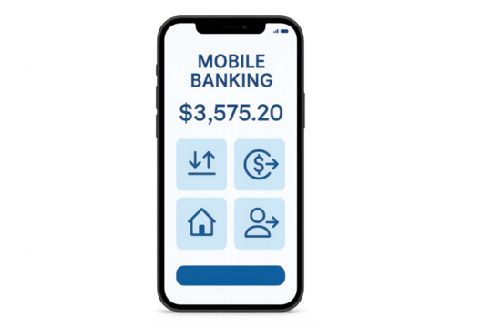 Mobile banking app displaying balance and transaction options on transparent background