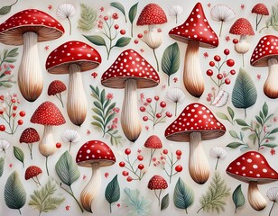 delicate red white mushroom woodland pattern whimsical foliage berries background fantasy