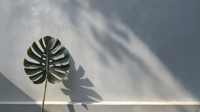 Minimalist composition of a pale gray wall with the understated shadow of a split leaf.