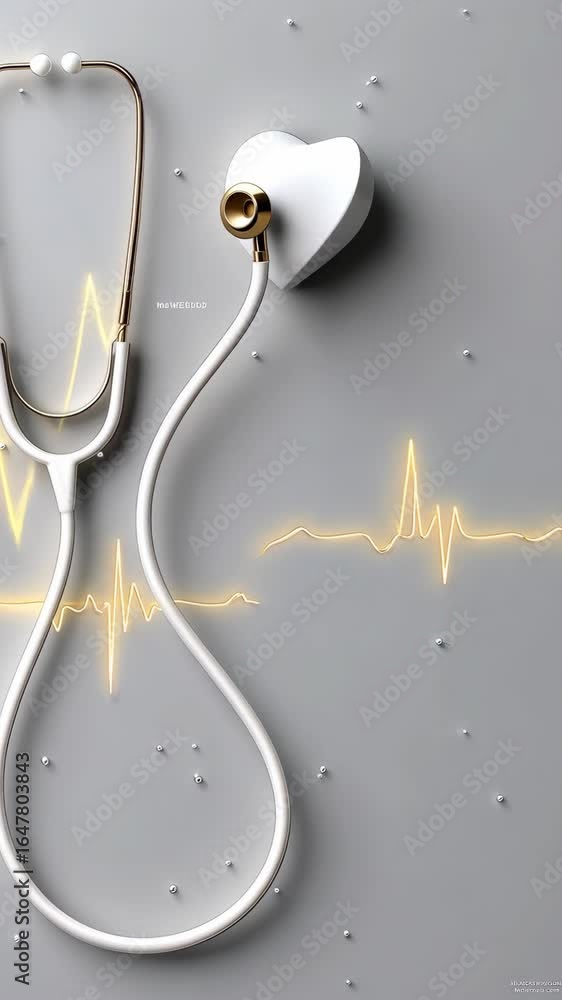 Poster stethoscope on a gray background with an electrocardiogram pattern showing heart activity