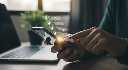 Close-up of a person using a mobile phone with digital check marks and checklist, indicating task completion or successful progress