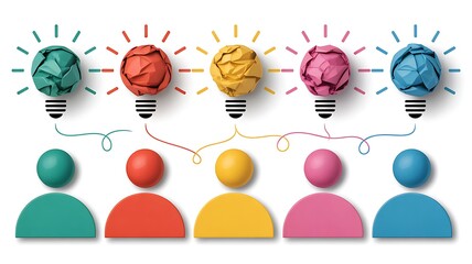 Creative Team Collaboration Brainstorming Ideas with Colorful Paper Light Bulbs and Connection Lines representing innovative thinking