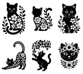 Floral Cat Silhouette Set Vector on Isolated White Background