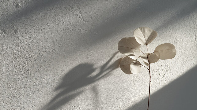 Minimalist composition of a pale gray wall with the understated shadow of a split leaf.