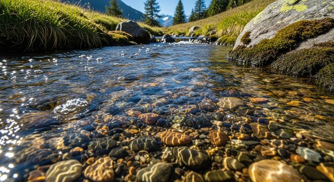 Close up of clear fresh water flowing over pebbles and rocks in a natural mountain stream.