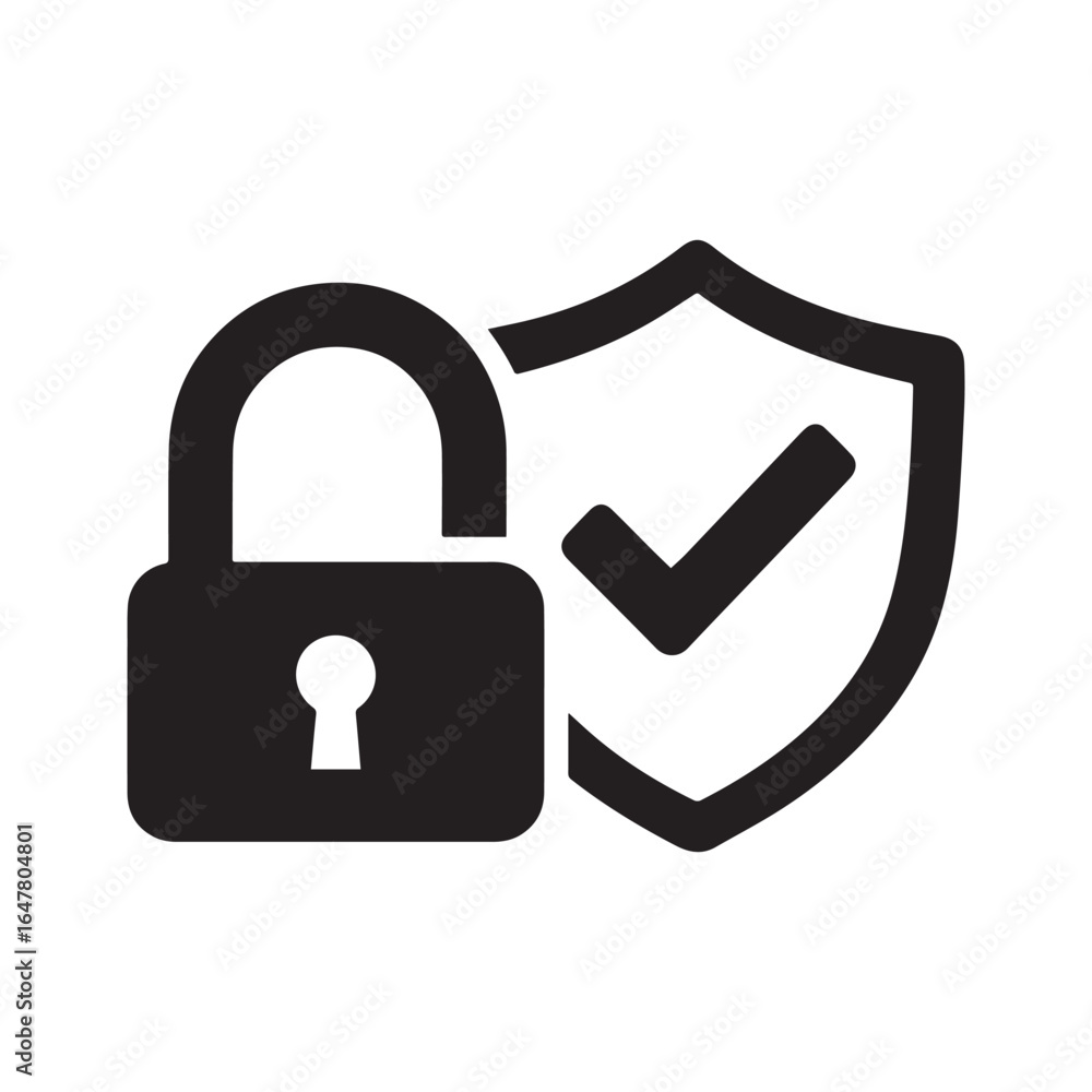 Poster silhouette icon of a padlock positioned beside a shield containing a checkmark.