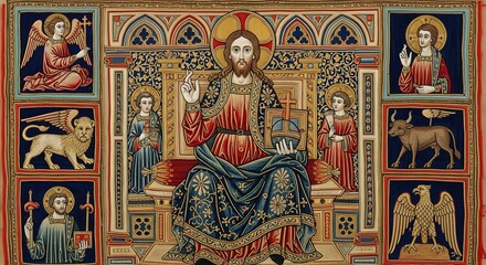 Naklejka premium Christ Enthroned with Evangelist Symbols