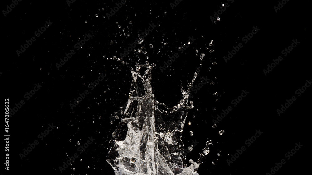 Poster water splash dynamics: an eye-level shot capturing the dynamic action of water as it dramatically sp