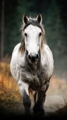 Majestic white horse running along a woodland path with golden grass in the early morning light