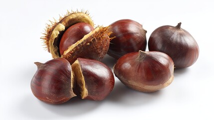 Chestnuts showing opening stages on white background