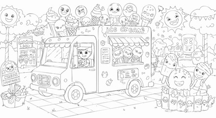 Naklejka premium Sweet Summer Festival Adventures A Charming Ice Cream Truck Scene with Happy Food Characters, Perfect for Creative Coloring and Imaginative Play for Children