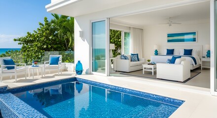 coastal resort suite with private plunge pool, sliding glass doors, white-and-blue color scheme, bright tropical daylight