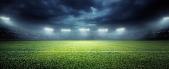 The stadium pitch illuminated by floodlights under a dramatic stormy night sky