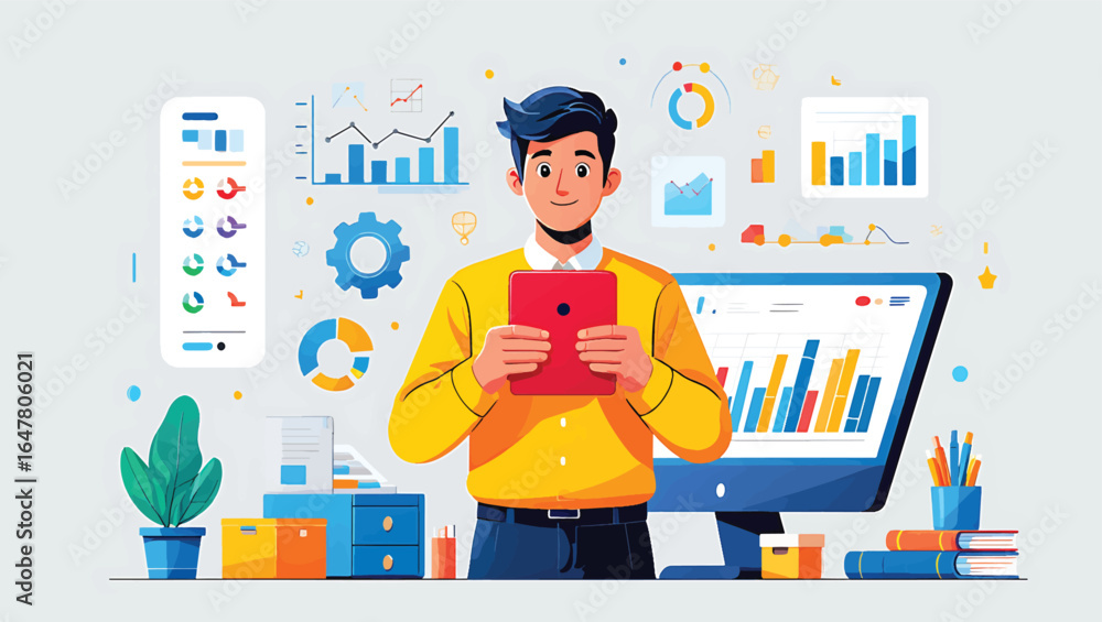 Poster business data analysis and visualization a man using tablet with charts and diagrams