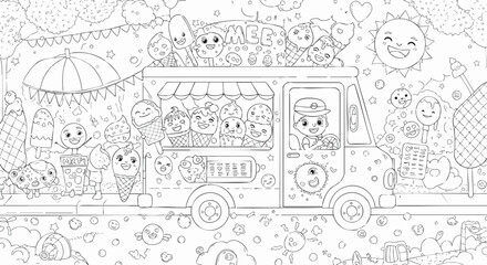 Fototapeta premium Whimsical Ice Cream Truck Scene Featuring Adorable Characters and Sweet Treats