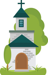 Cartoon Church Building with Trees and a Green Lawn