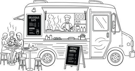 Black and White Illustration of Food Truck Scene Featuring Chef at Work, “DELICIOUS EATS” Signage, Menu Board with Prices, and Three Diners Seated at Table — Stylized Street Food Composition with Burg