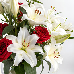 Obraz premium Beautiful bouquet of lilies and roses with vibrant petals.