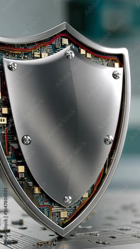Poster high-tech shield showcasing advanced circuitry in a modern digital security setting