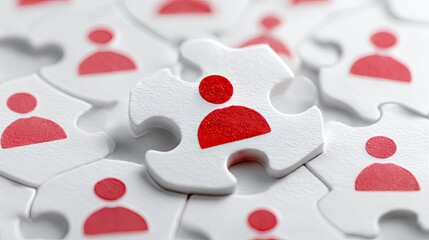 Red human icon puzzle piece completing white puzzle representing perfect candidate