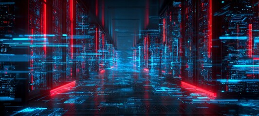 Abstract data flow in server room with glowing blue and red streams, network connections, and circuit patterns. Futuristic IT concept for data processing, technology infrastructure, and digital networ