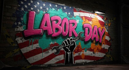 Graffiti art on a brick wall depicting the american flag and the words labor day in bold letters