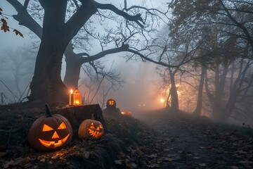 Spooky halloween pumpkins glow in misty forest