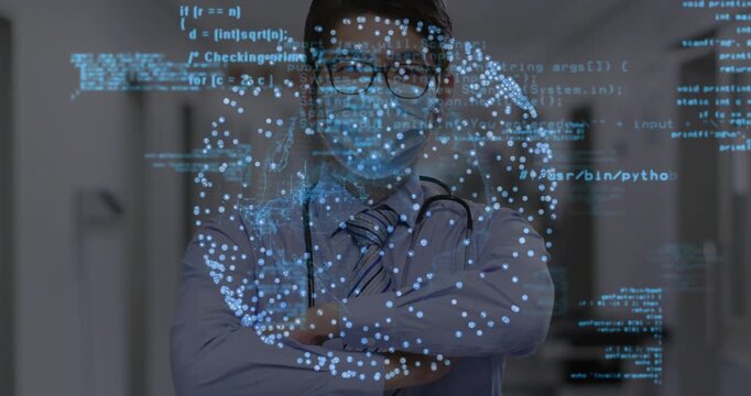 Doctor raising arms causing sphere emerging from chest displaying Python Java code for diagnostics